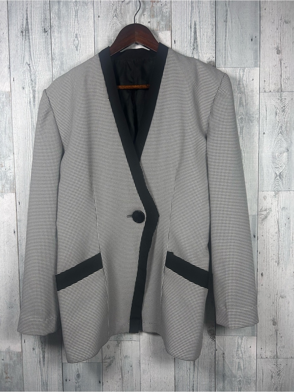 Vintage 90s Houndstooth Blazer Black White Contrast Trim Longline Wool Blend Med